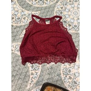 Aerie High Neck Lace Bralette Burgundy Maroon Strappy T-Back Bra Small